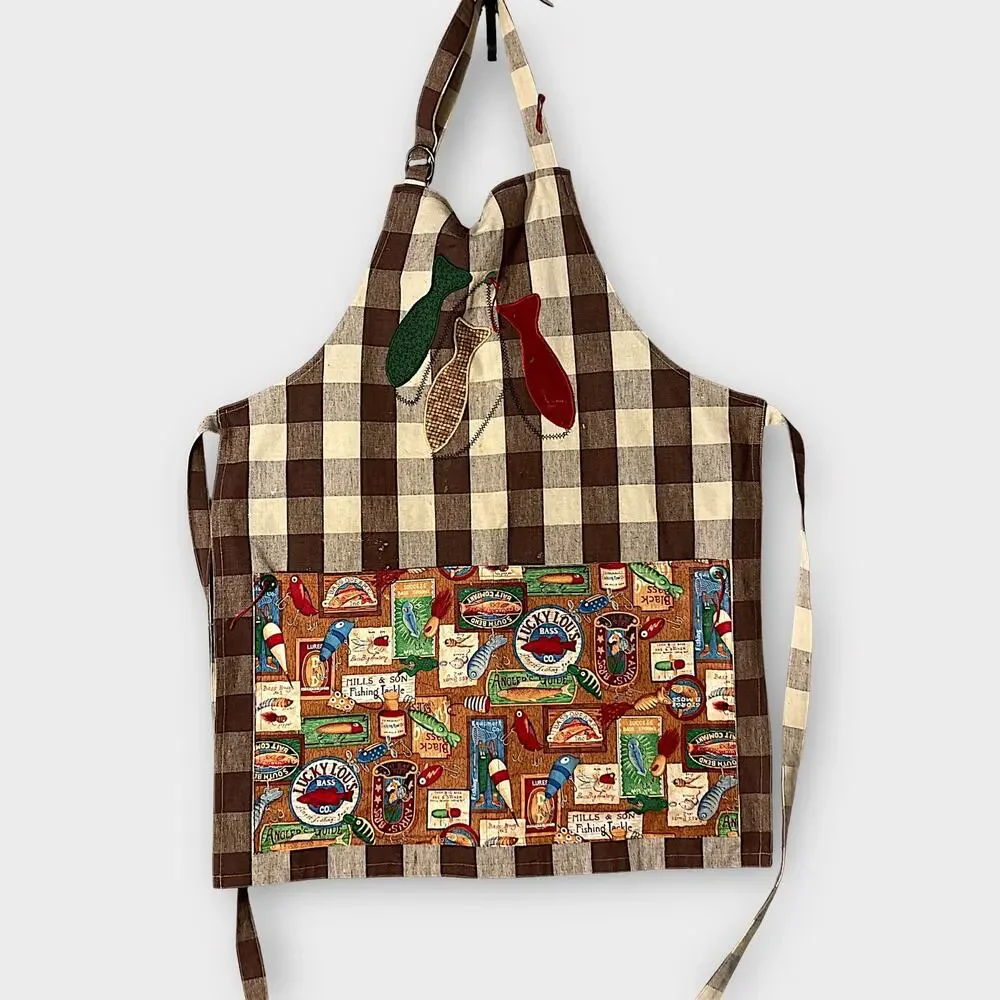 Vintage Handmade Fishing Tackle Apron Brown Gingham Check Retro Pocket Grilling‎